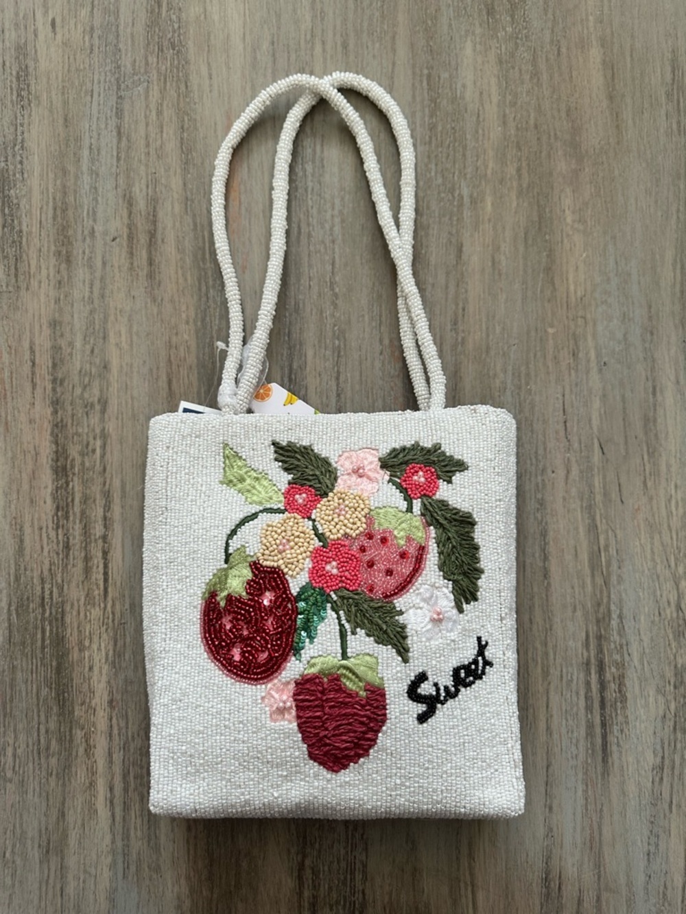 Made in India Beaded Strawberry Floral Tote Bag